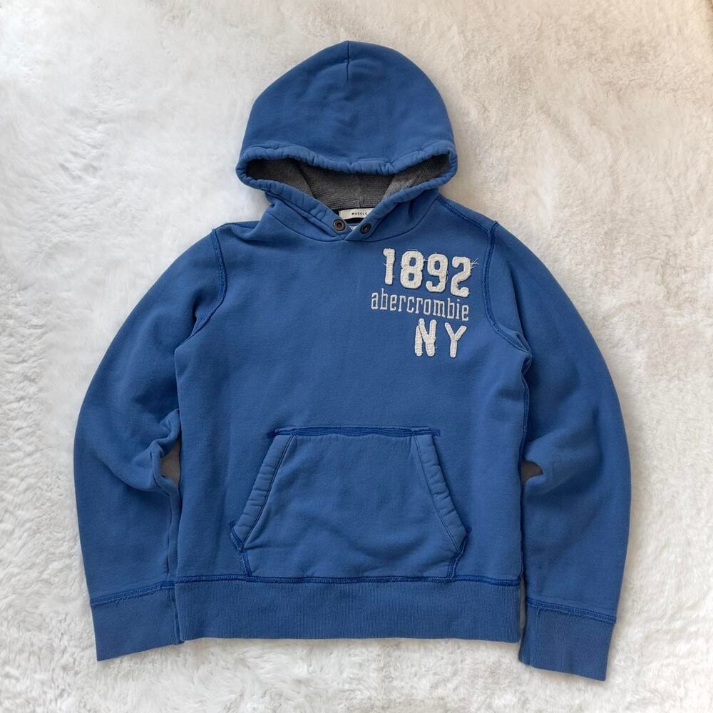 Vintage Abercrombie Hoodie Blue Spellout Preppy Muscle Fit - Youth XL